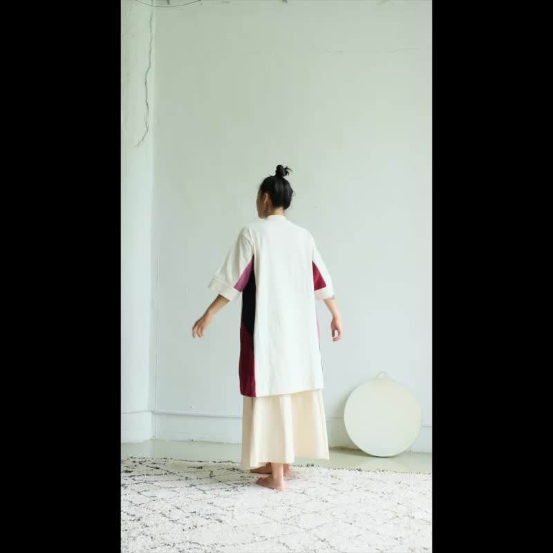 小立领七分袖拼接长上衣 / 菱纹布 酒红 - 女装上衣 - 棉．麻 白色