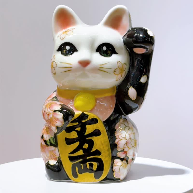 【福樱绽华】日本清水烧招财猫 | 色绘 - 樱 中号 - 摆饰 - 瓷 白色