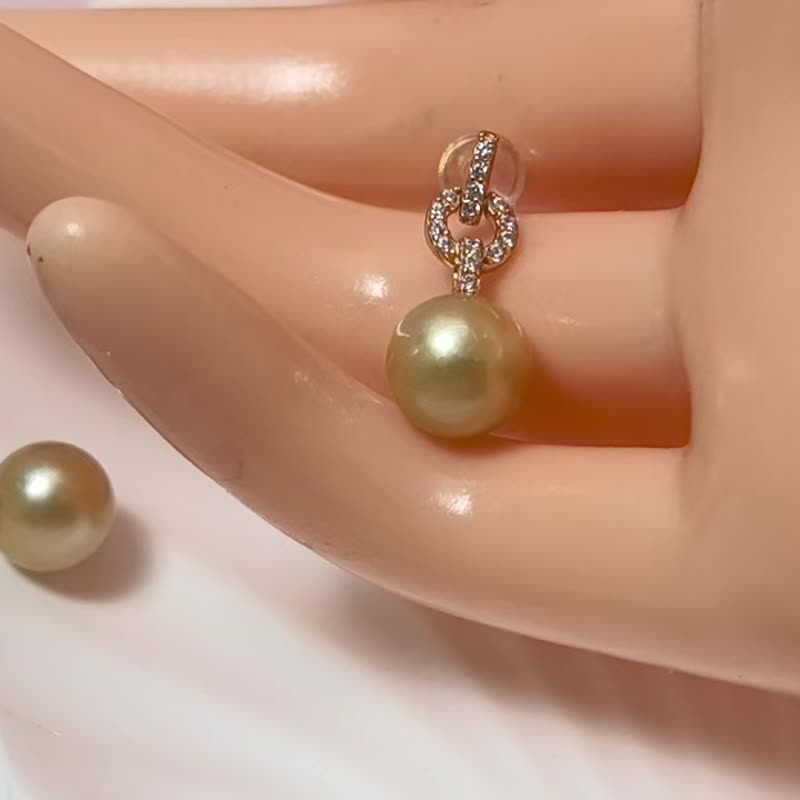 天然海水珍珠 香槟金 南洋金珠  纯银 耳环 - 耳环/耳夹 - 珍珠 金色