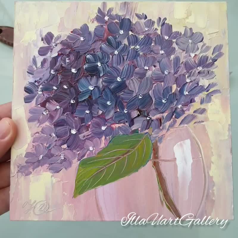 Hydrangea Painting Flower Original Art Still Life Wall Art Small Oil Painting - 海报/装饰画/版画 - 其他材质 多色