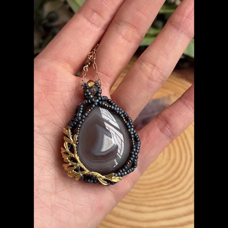 波斯湾玛瑙 玻璃米珠 x 天然石 串珠吊坠 配 宝石链 - 项链 - 水晶 蓝色