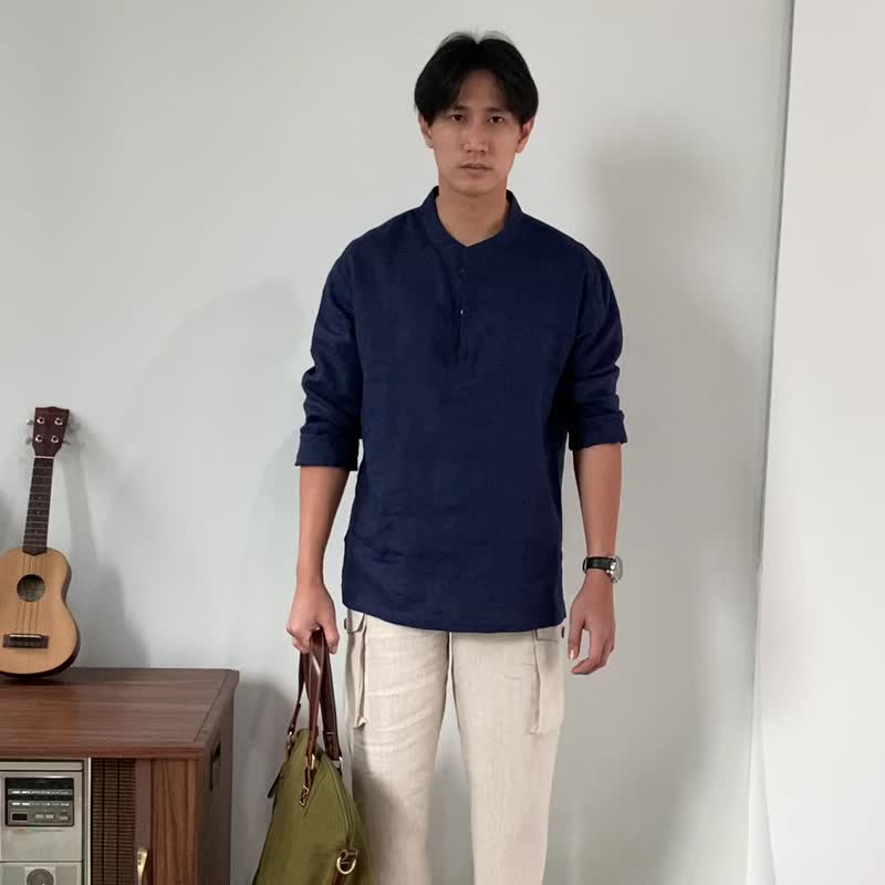 Blue &amp; J Natural Linen with White Buttons Mandarin Collar Shirt - Navy - 男装衬衫 - 亚麻 蓝色