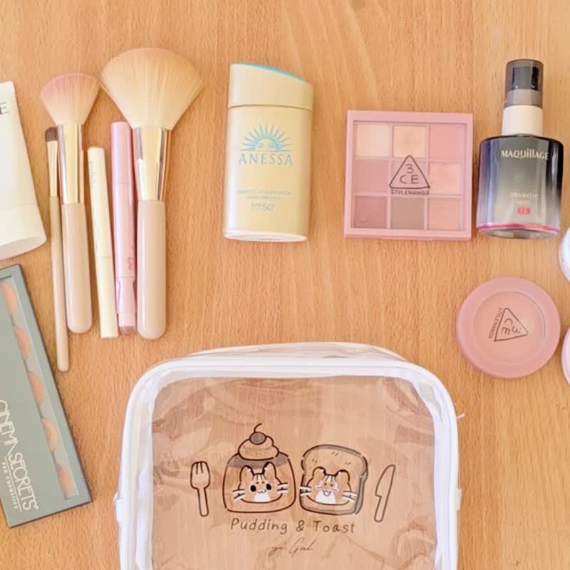 雾面 透明防水包 收纳包 化妆包 可爱石虎猫 珍珠奶茶 - 化妆包/杂物包 - 防水材质 白色