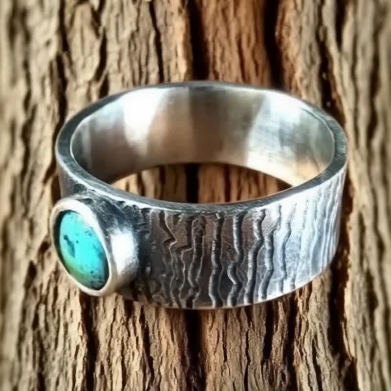 【Captain Flint银饰】天然绿松石树皮质感纯银戒指 林间之石 - 戒指 - 宝石 绿色