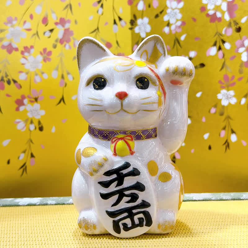 【桃运聚宝】日本清水烧招财猫 | 花结晶 - 桃小判 左 - 摆饰 - 瓷 白色