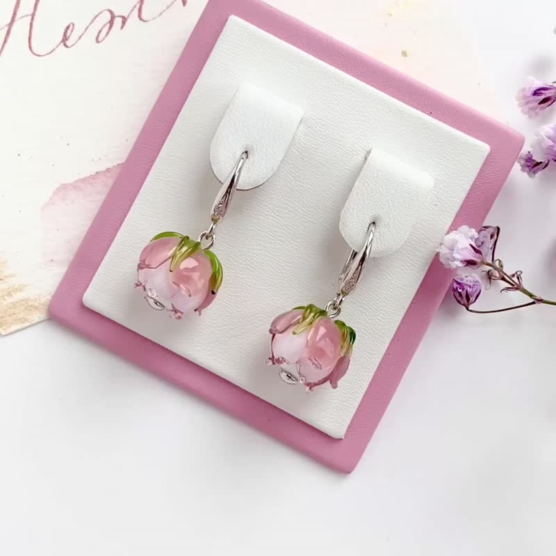 复古独特现代艺术玫瑰耳环 / 玫瑰纯银波希米亚风耳环 - 耳环/耳夹 - 纯银 粉红色