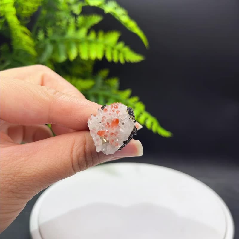 红水晶共生金属矿 活口戒指 随形原石标本 矿物手工指环 S925银 - 戒指 - 水晶 