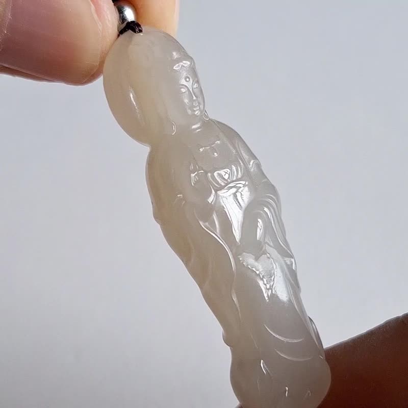 藕粉色和田玉站观音吊坠 | 站观音玉坠玉器 - 项链 - 玉石 