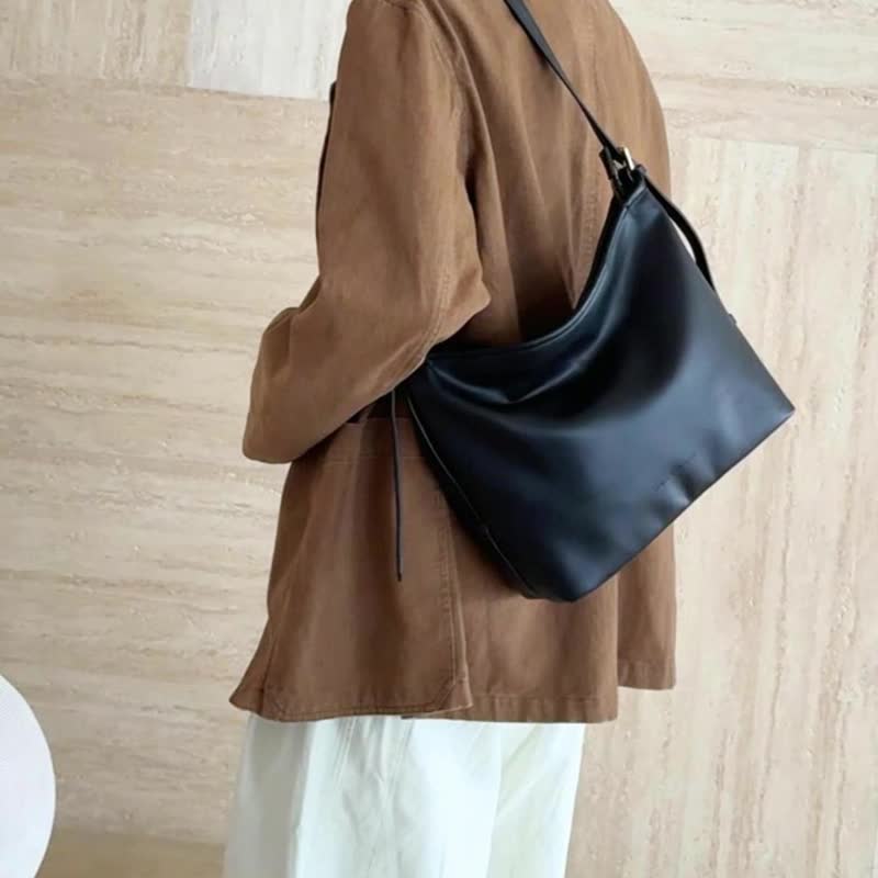 sobag高级感真皮百搭大容量单肩斜挎hobo包简约通勤牛皮大托特包 - 侧背包/斜挎包 - 真皮 黑色