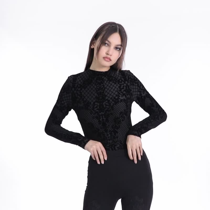 哥德禁忌符咒植绒网纱上衣 / 情侣款 / 仅有XS-2XL - 女装 T 恤 - 其他材质 黑色