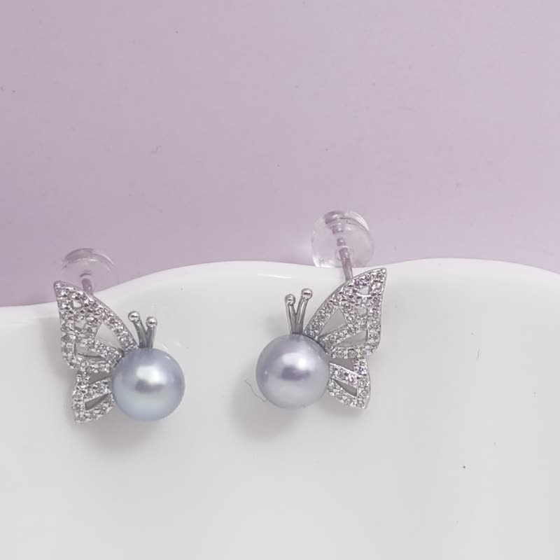 蝴蝶 真多麻 天然海水珍珠 纯银 耳环 耳针 星空炫彩 - 耳环/耳夹 - 珍珠 多色
