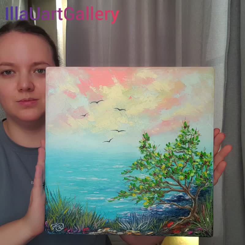 Seascape Painting Tree Original Art Landscape Artwork Beach Oil Painting Canvas - 海报/装饰画/版画 - 棉 多色