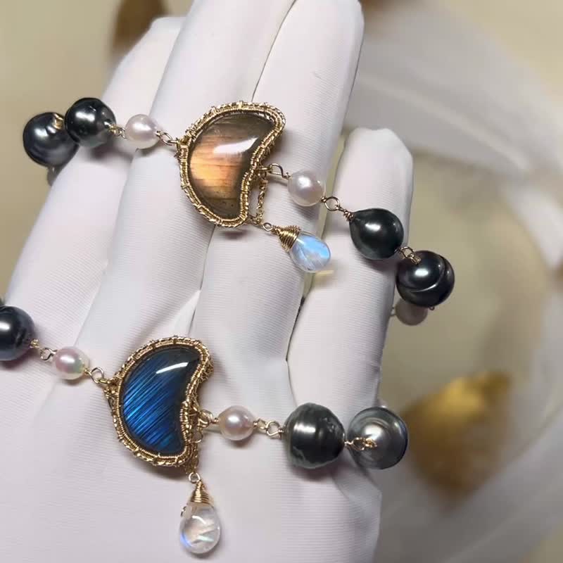 纯手工14K包金绕线月亮石大溪地海水珍珠 - 手链/手环 - 宝石 多色