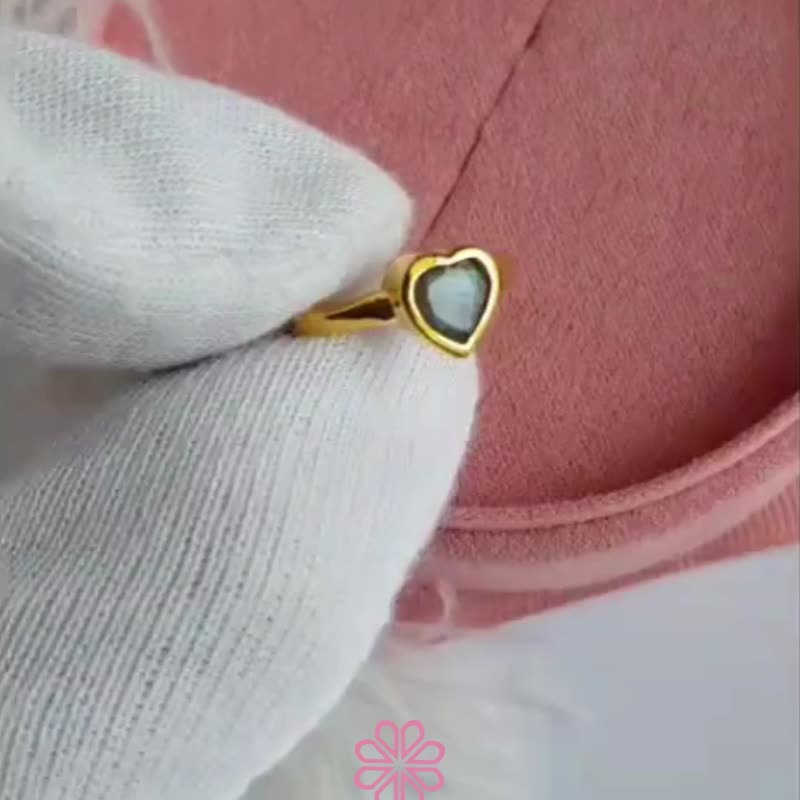 拉长石  925 纯银镀金 爱心造型戒指 - 戒指 - 纯银 黑色