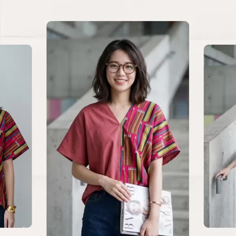 棉麻鲑鱼粉撞色红色底彩色铅笔印花修身四角衣罩衫 - 女装背心 - 棉 红色