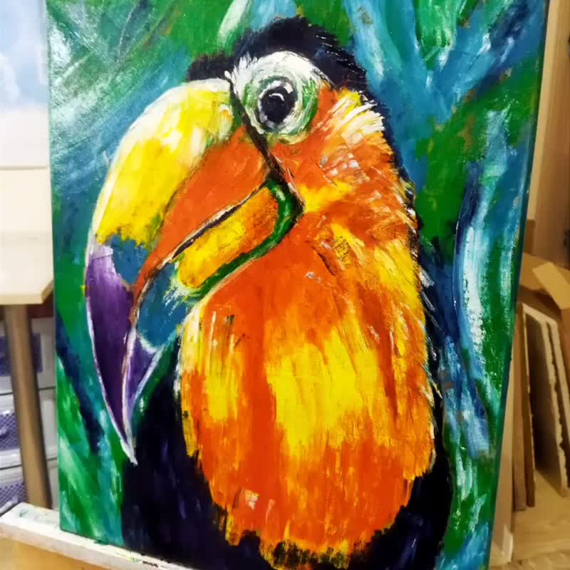 布面油画，有一只雀50x40 厘米 - 墙贴/壁贴 - 棉．麻 橘色
