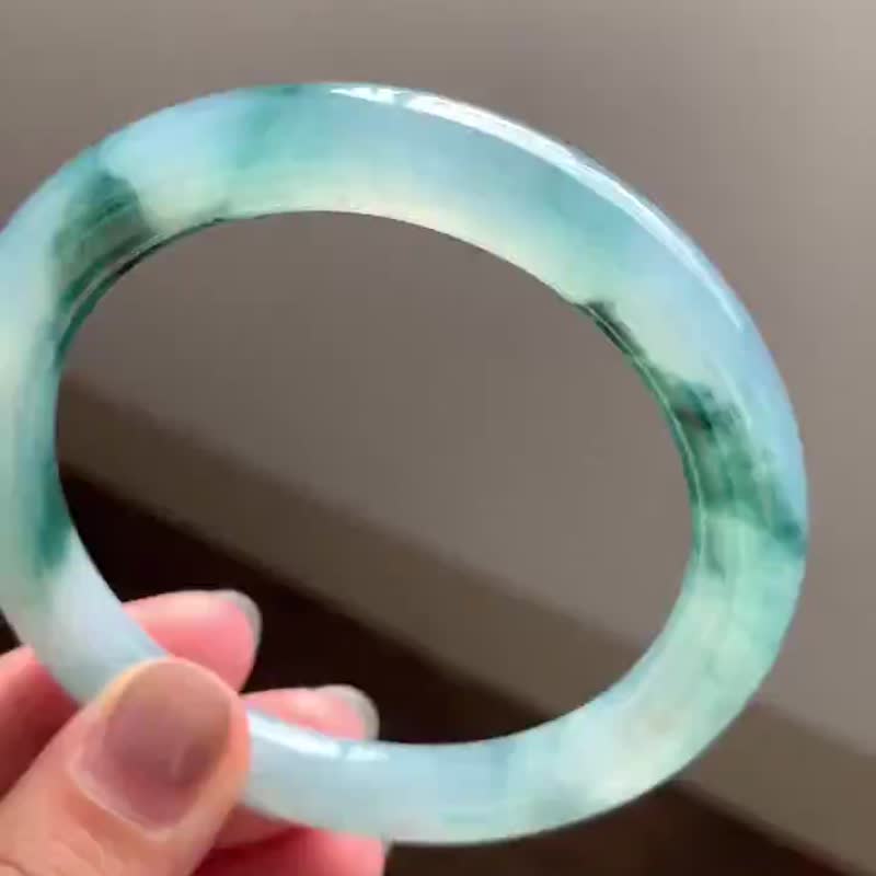 冰种翡翠天然翡翠玉镯A玉手镯 玉鈪 • 冰种蓝飘花翡翠圆镯 - 手链/手环 - 玉石 蓝色