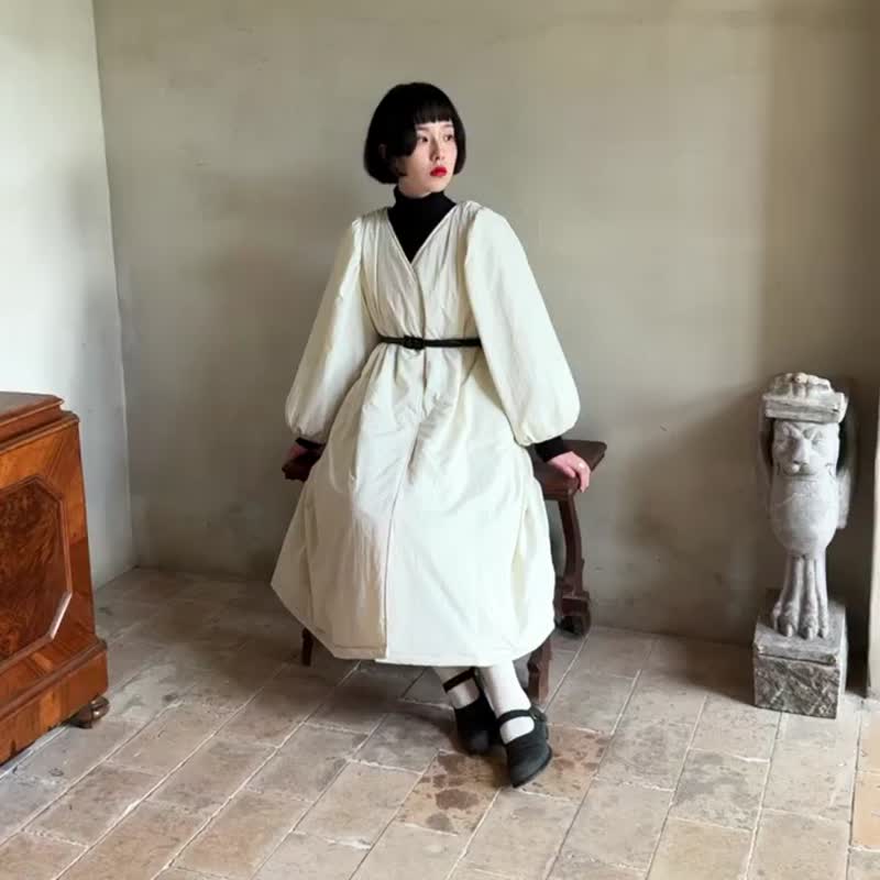 米色 法式V領棉服外套 簡約基礎款優雅中長款加厚棉衣 - 女装休闲/机能外套 - 聚酯纤维 白色