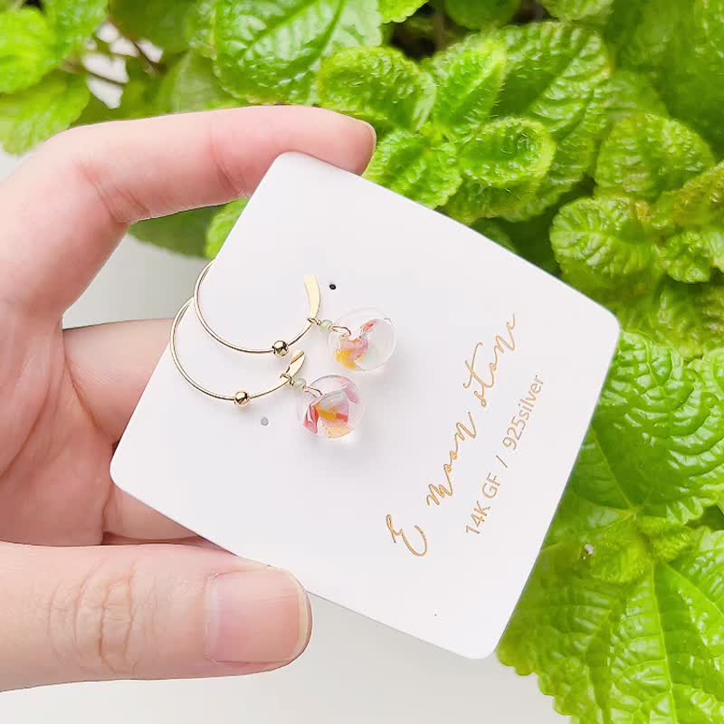 手工花彩琉璃 胖水滴耳环 - 耳环/耳夹 - 琉璃 粉红色