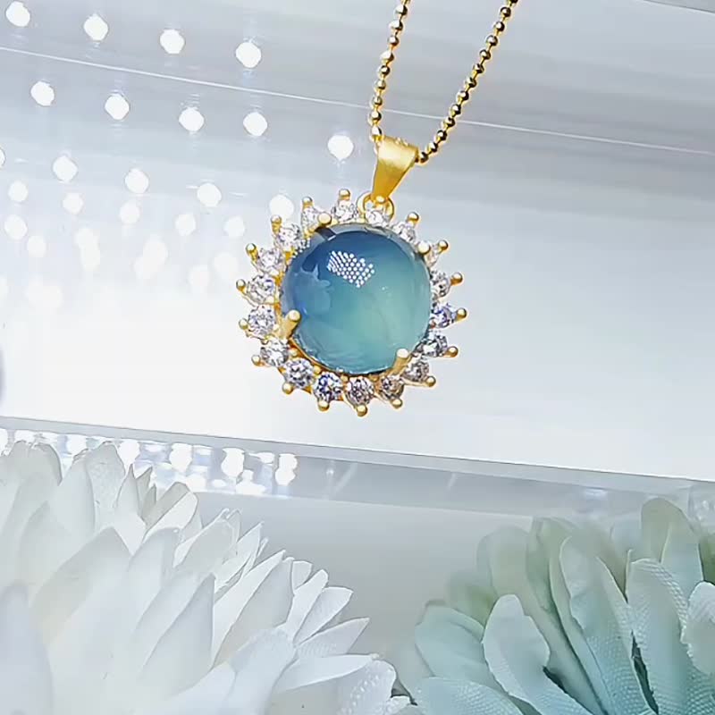 |女神链|A货翡翠冰玻晴蓝起胶大蛋面10mm纯银镀18k黄吊坠 - 项链 - 玉石 