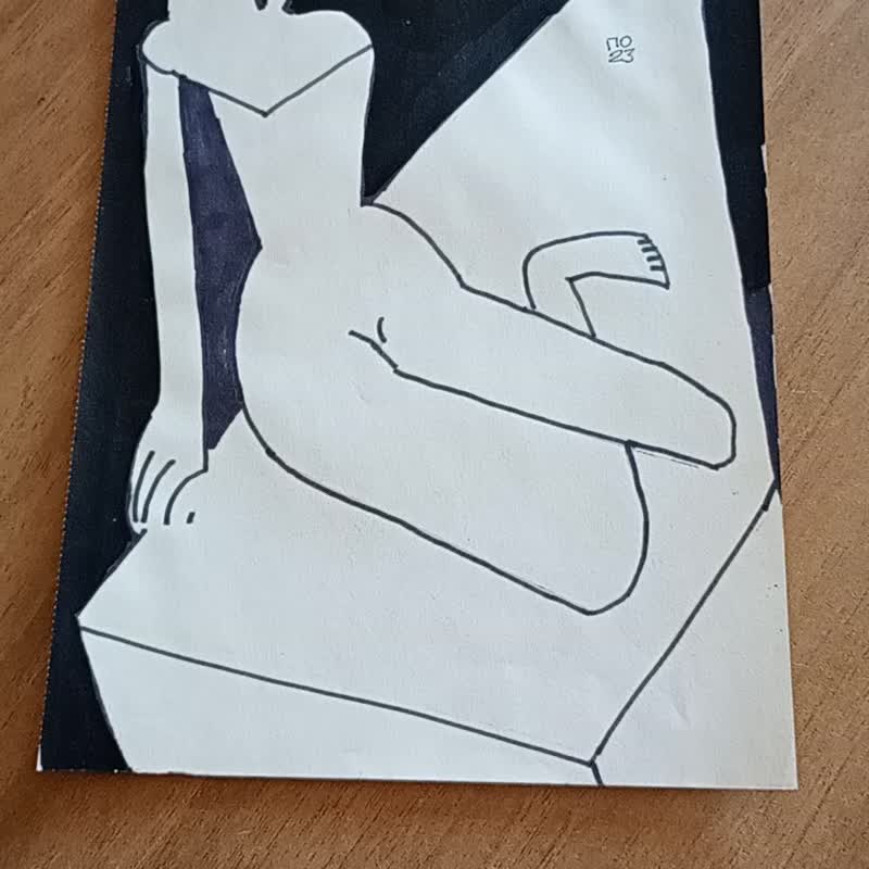 坐在讲台上的裸女画现代风格，黑白艺术画 - 海报/装饰画/版画 - 纸 白色