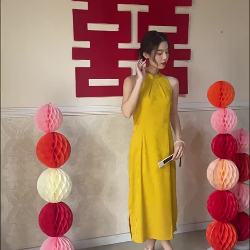 姜黃色 知否 無袖挂脖旗袍  復古改良中式新娘敬酒服禮服連身裙 - 旗袍 - 聚酯纤维 黄色