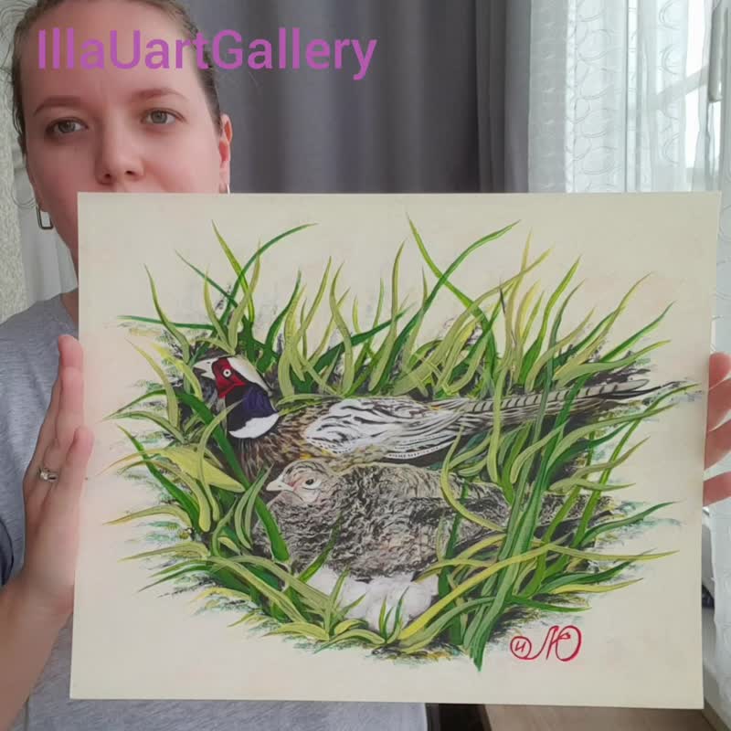 Pheasant Painting Bird Nest Original Art Bird Wall Art Animal Acrylic Painting - 海报/装饰画/版画 - 其他材质 多色