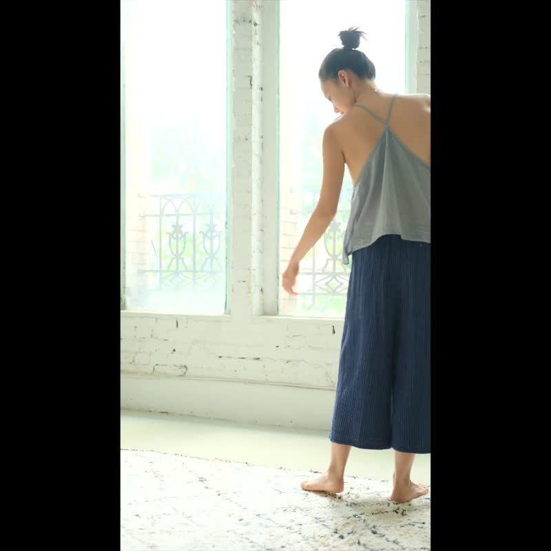 条纹布料宽裤 / 双层纱 米白 - 女装长裤 - 棉．麻 白色