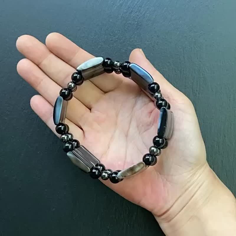 避邪保平安-宽版条纹黑玛瑙x黑曜石x黑胆石手排 手环  定制化 - 手链/手环 - 水晶 多色