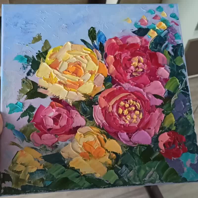 粉红玫瑰绘画花卉原创艺术厚涂油画布 30x30 厘米 - 墙贴/壁贴 - 其他材质 