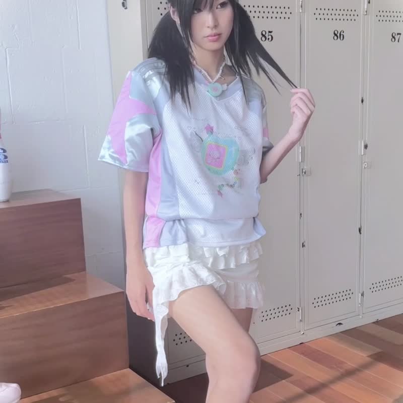 Hashtag DDD 原创千禧Y2K银色复古运动拼接 电子宠物机短袖球衣 - 女装 T 恤 - 其他材质 