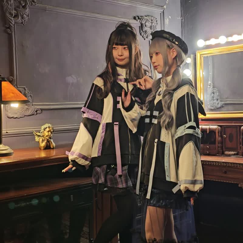 原创二次元赛博喵喵撞色扣带可拆袖猫耳朵连帽运动外套【JJ2505 - 女装休闲/机能外套 - 棉 