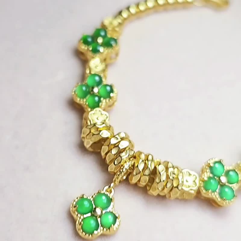 |招财•幸运•贵人•健康•感情|A货翡翠纯银阳绿四叶草盘缠手链 - 手链/手环 - 玉石 