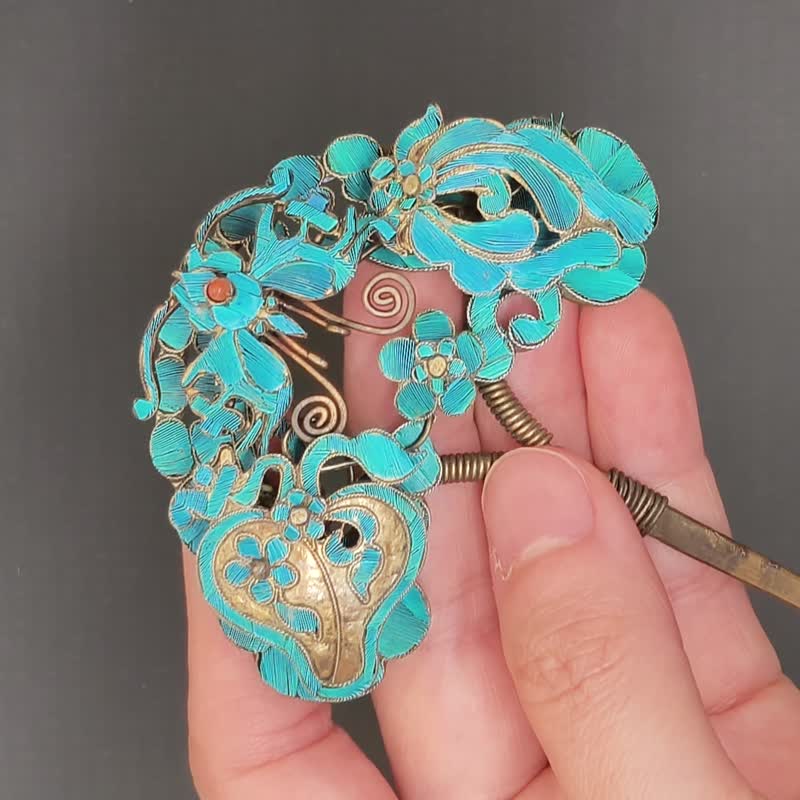 花蝶老鎏金点翠发簪–  纯古董 SA-087 - 发饰 - 其他材质 蓝色