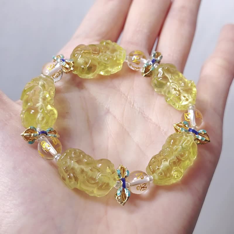 顶级黄水晶貔貅 六字真言白水晶 金刚杵 智慧招财 手链 单品 礼物 - 手链/手环 - 宝石 黄色