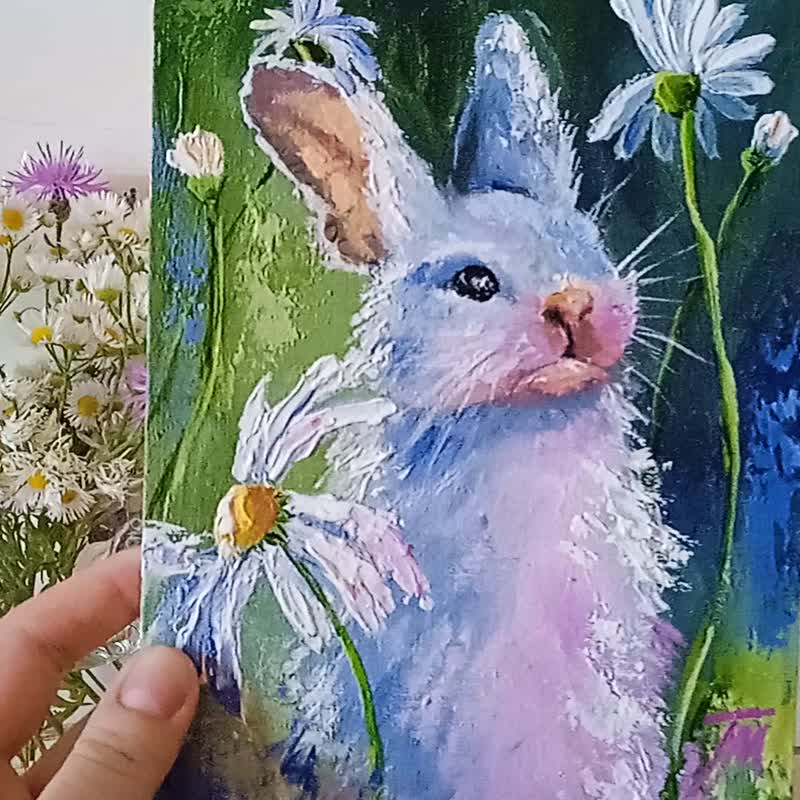 油画。用兔子画画。油画动物.微型艺术 - 海报/装饰画/版画 - 其他材质 绿色