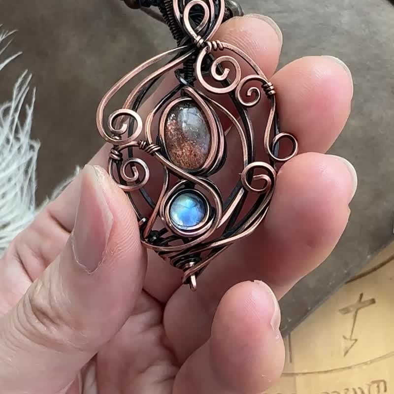 WW265 全手工编织 绕铜线复古做旧 wire wrap 太阳石 月亮石 吊咀 - 项链 - 铜/黄铜 咖啡色