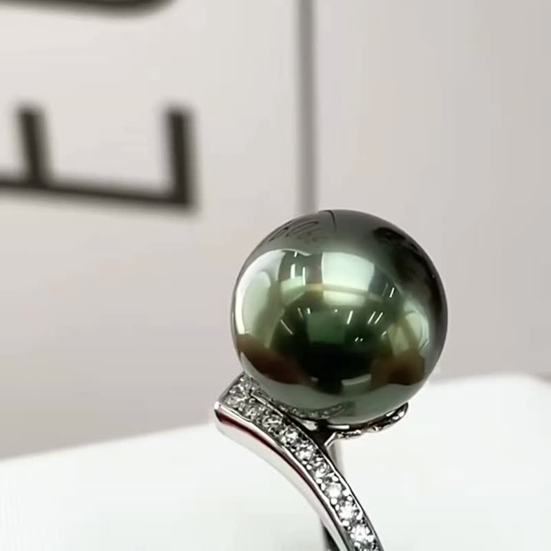 孔雀绿 天然海水珍珠 大溪地黑珍珠  纯银 戒指 - 戒指 - 珍珠 黑色