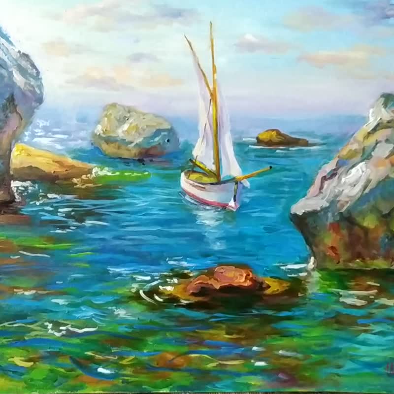 风景帆船画原创海洋艺术悬崖岩石景观艺术品 - 海报/装饰画/版画 - 其他材质 蓝色