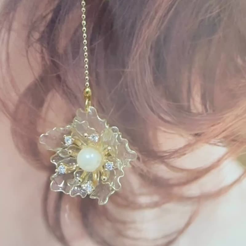 造花液手作系列  秋日繁花 透明款 - 耳环/耳夹 - 铜/黄铜 透明