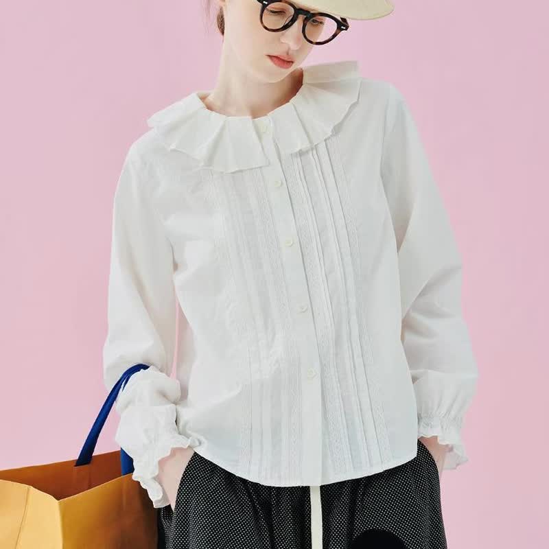 白色纯棉蕾丝花领长袖衬衫 - 女装衬衫 - 棉．麻 白色