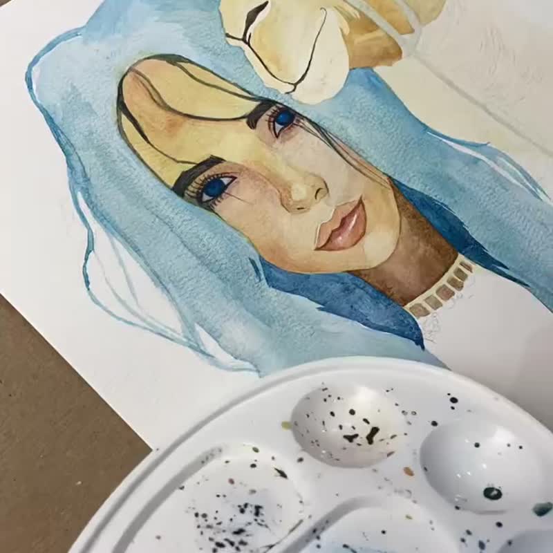 水彩画女孩与骆驼，动物，幻想，蓝色，原创礼物 - 墙贴/壁贴 - 纸 蓝色