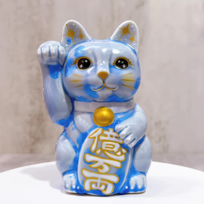 【青耀招福】日本清水烧招财猫 | 花结晶 青 亿万両 右 - 摆饰 - 瓷 蓝色