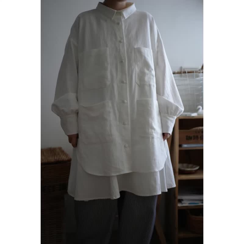 纯白宽版工装衬衫外套 - 女装衬衫 - 棉．麻 白色
