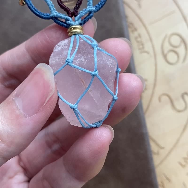 N624 民族风蜡线编织 粉晶原矿 萤石珠 项链 (可调长度) - 项链 - 宝石 蓝色