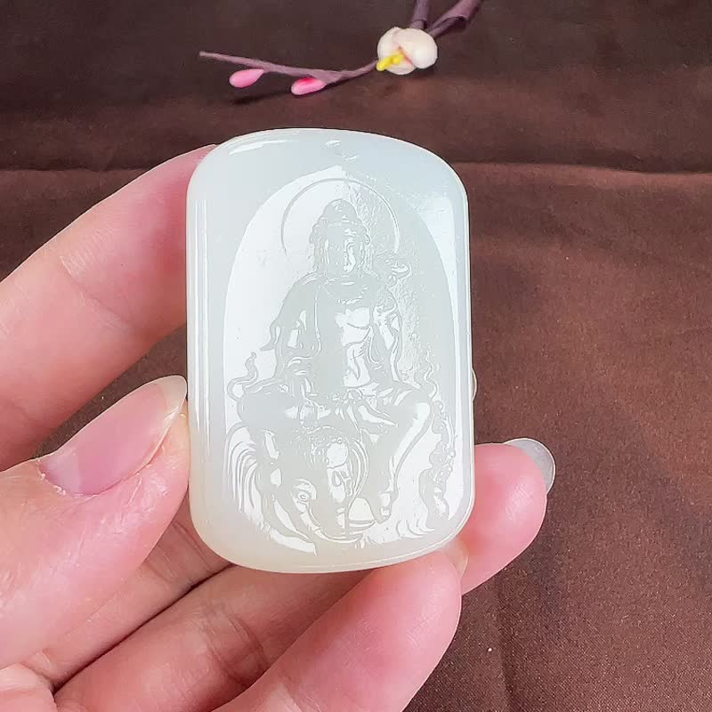 收藏级天然新疆羊脂玉普贤菩萨吊坠 生肖龙和蛇的守护神本命佛 - 手链/手环 - 玉石 
