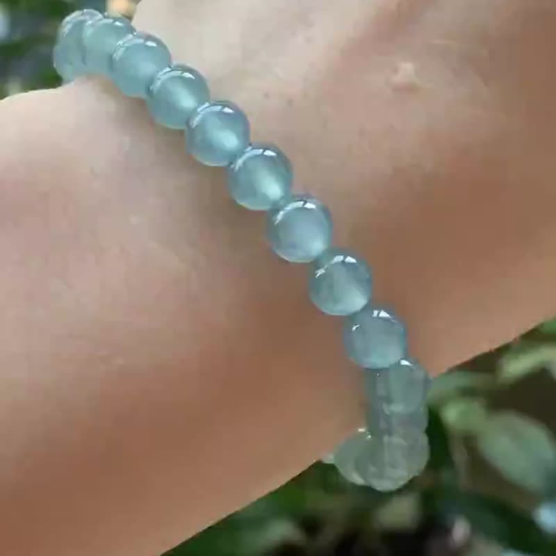 冰种翡翠天然翡翠A玉玉珠玉链手链 • 冰种冰川蓝翡翠手串 - 手链/手环 - 玉石 蓝色
