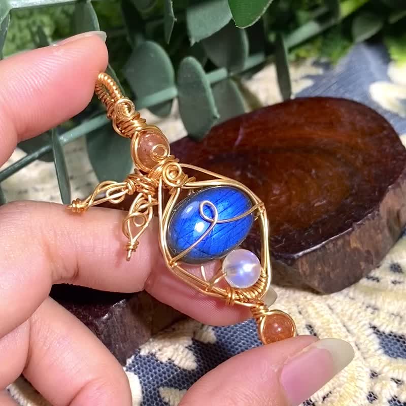 能量水晶灵摆项链-心种-拉长石/光谱石/太阳石/月光石、水晶灵摆 - 项链 - 水晶 蓝色