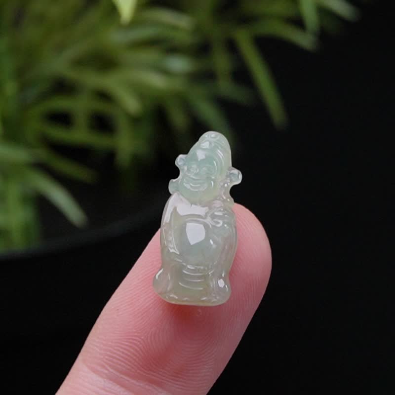 冰种翡翠财神爷 | 裸石 | 天然缅甸玉翡翠A货 | 送礼 - 吊饰 - 玉石 绿色