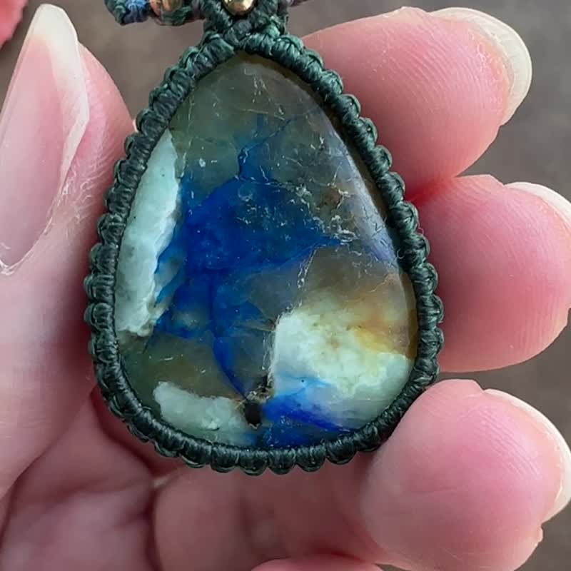 N710 民族风 蜡线编织 蓝铜矿 铜珠 项链 (可调长度) - 项链 - 宝石 绿色